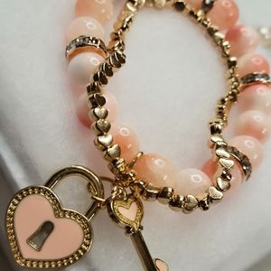 Key to My Heart Pink Charm Beaded Bracelet Set ( 2 pair)